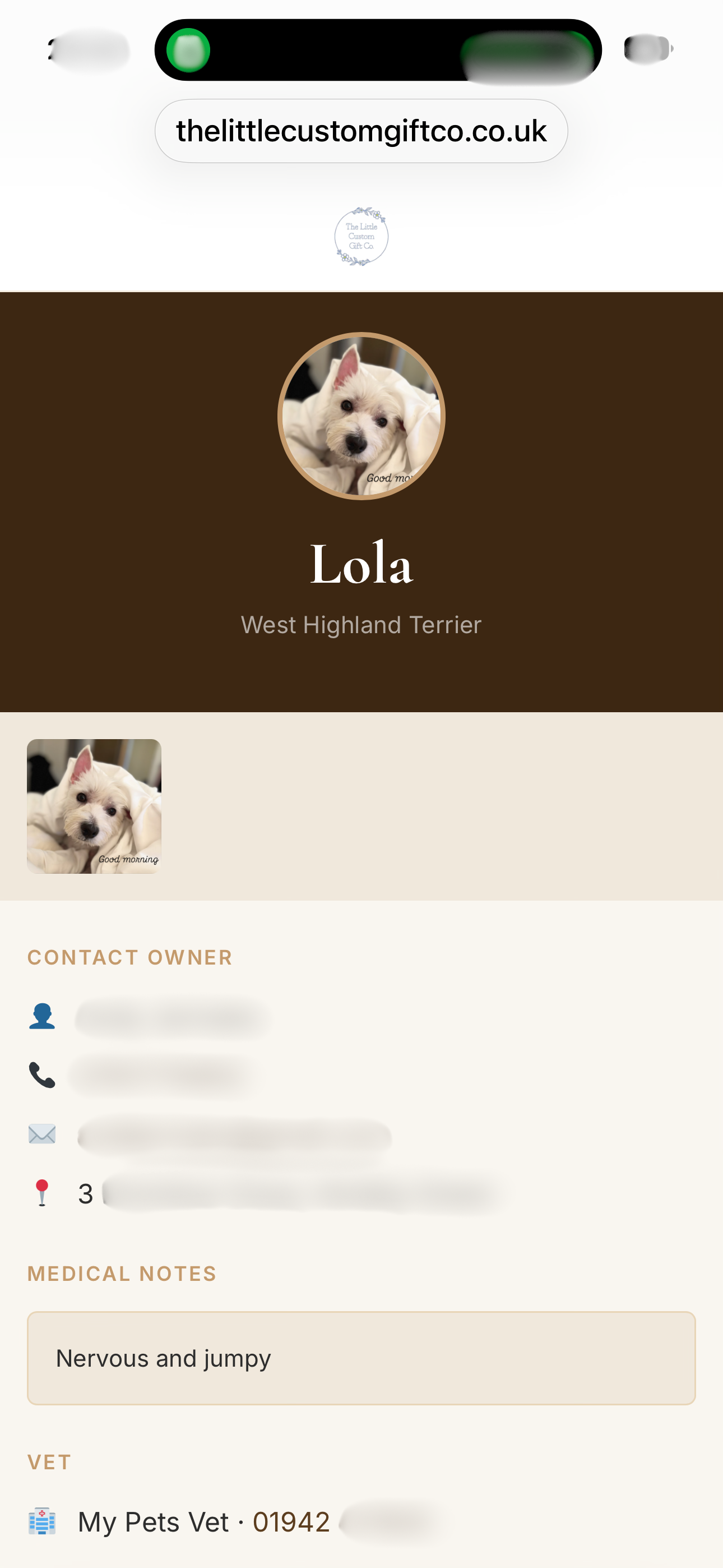 Pet profile page showing name, photo, and contact details