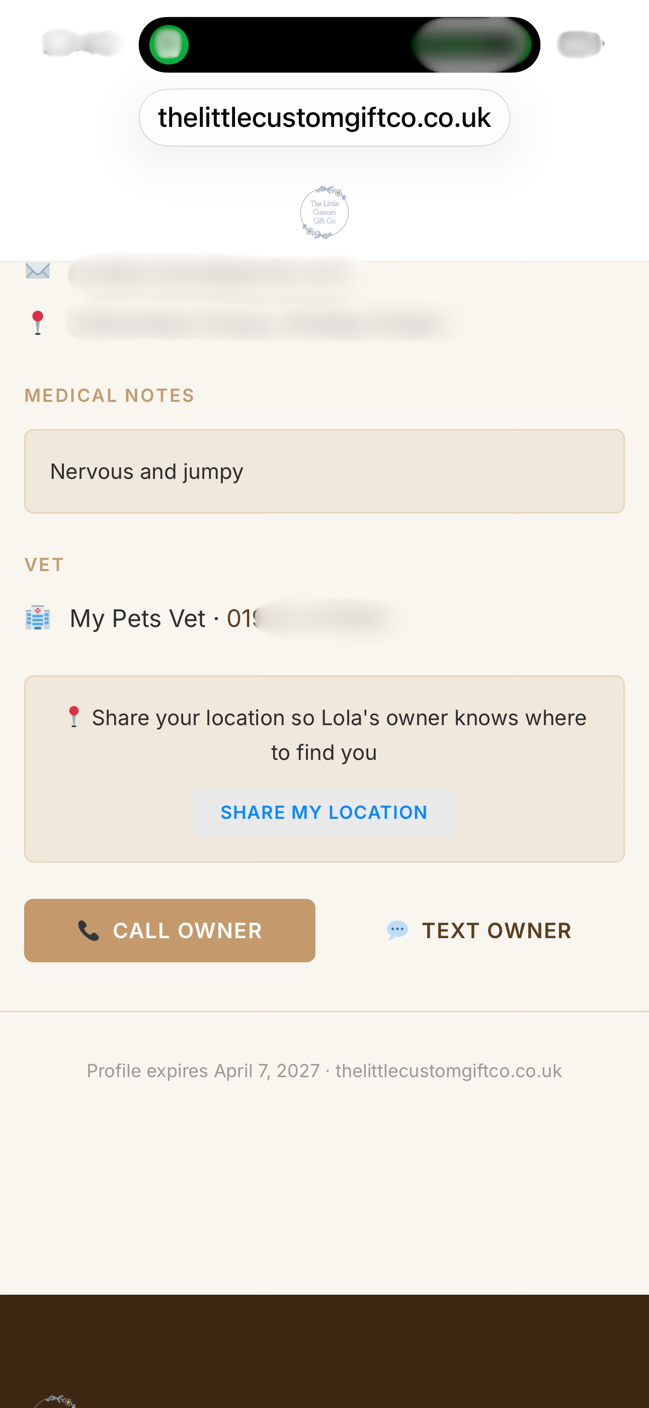 Location sharing prompt and call / text owner buttons