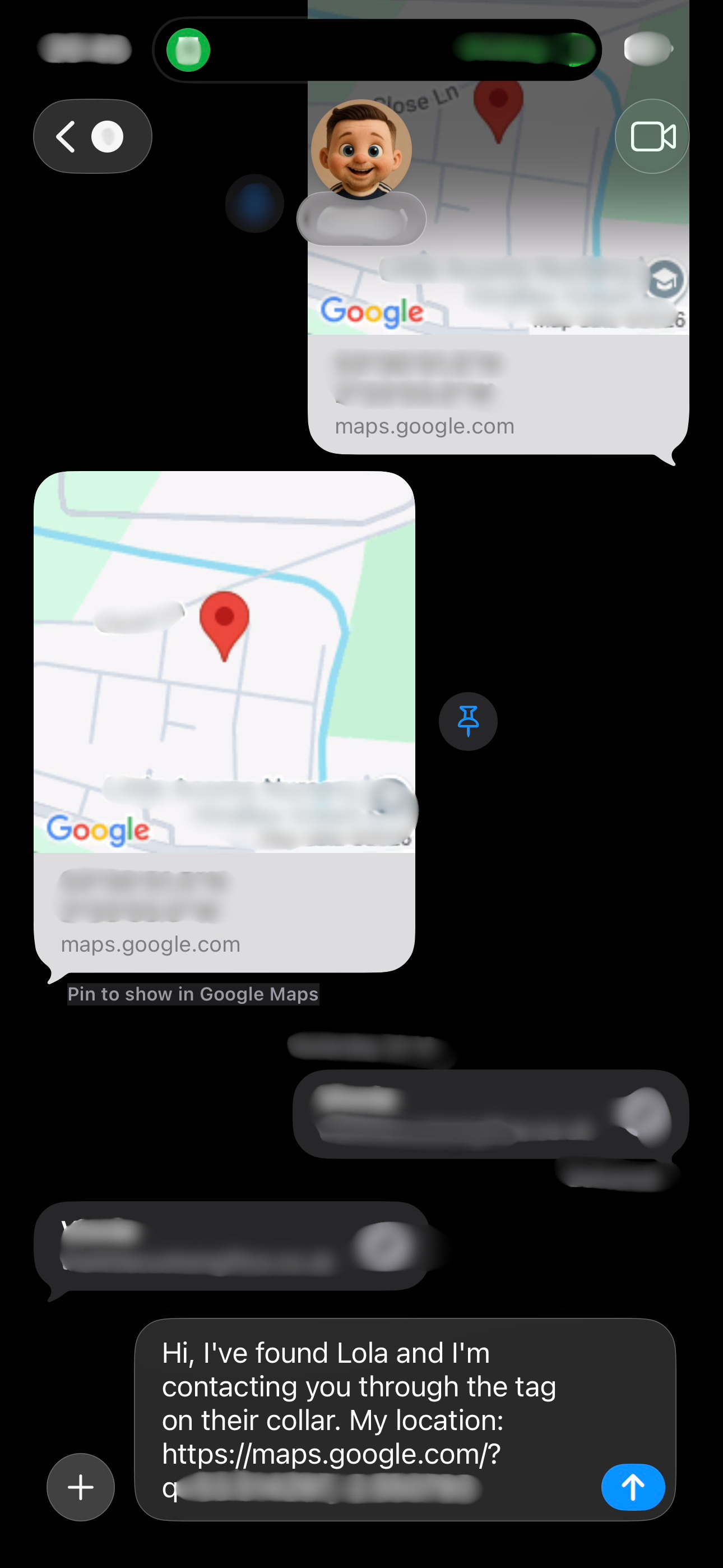 SMS message sent to owner with Google Maps location link