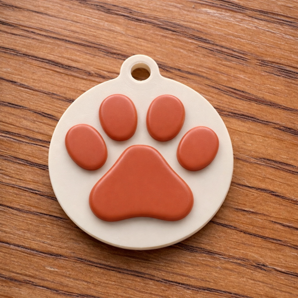 NFC pet tag with paw print design in brown and cream